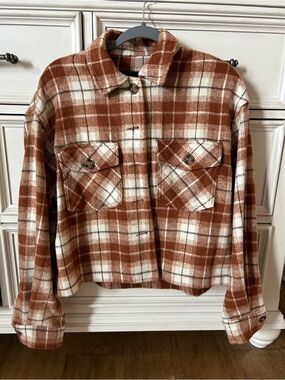 Love Tree Brown and Cream Plaid Utility Shacket